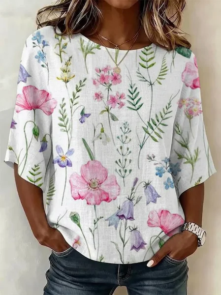 

Crew Neck Half Sleeve Floral Printing Regular Micro-Elasticity Regular Fit Blouse For Women, White, Blouses