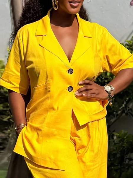 

Cotton Casual Plain Buttoned Shawl Collar Shirt, Yellow, Blouses and Shirts