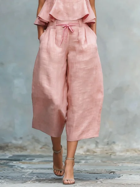 

Casual Plain Lace-up Wide Leg Pants, Pink, Pants