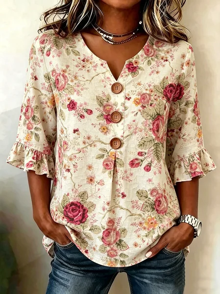 

V Neck Half Sleeve Floral Regular Regular Fit Blouse For Women, As picture, Blouses
