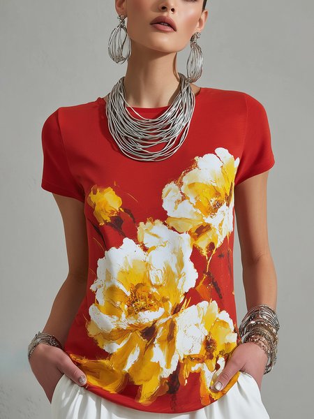 Elegant Floral Printing Crew Neck T-shirt