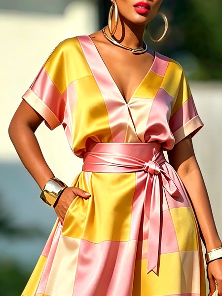 

Satin Urban Plaid Printing V Neck Blouse, Pink, Blouses and Shirts