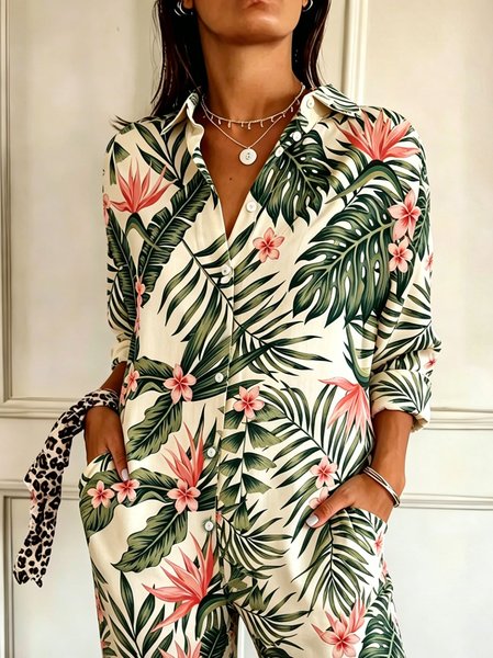 

Shawl Collar Long Sleeve Tropical Regular Loose Shirt For Women, As picture, Shirts