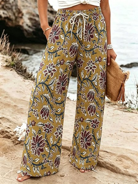 

Women Botanical Pattern Long Pants Vintage Spring/Fall Trousers, Yellow, Pants