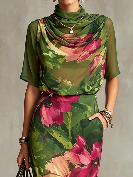 

Elegant Floral Stand Collar Blouse, As picture, Blouses and Shirts