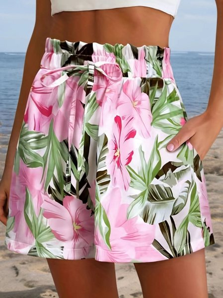 

Casual Tropical Mid Waist Straight Pants Shorts, Pink, Shorts