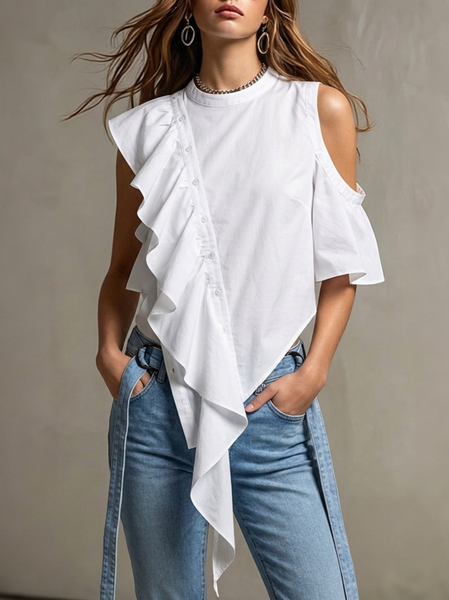 

Cotton Urban Plain Crew Neck Off Shoulder Sleeve Blouse, White, Blouses and Shirts