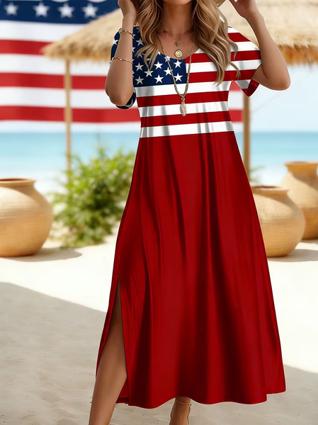 

Women Independence Day (Flag) Short Sleeve Crew Neck Printing Dress Daily Casual Maxi T-Shirt Dress H-Line Summer Dress, Red, Casual Dresses