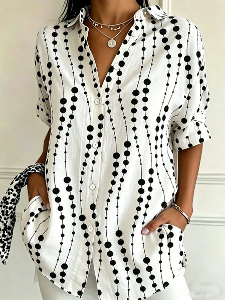 

Shawl Collar Short Sleeve Geometric Regular Loose Shirt For Women, White, Shirts
