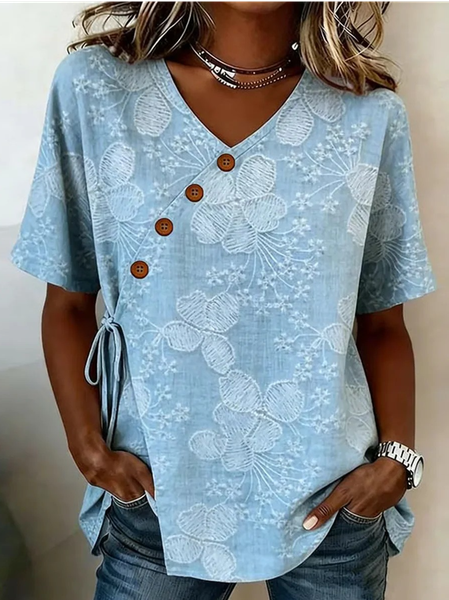 

Crew Neck Half Sleeve Floral Lightweight Loose Shirt For Women, Blue, Shirts