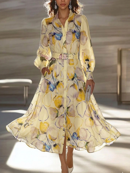 

Vacation Floral Printing Shirt Collar Maxi Dress With Belt, Yellow, Maxi Dresses
