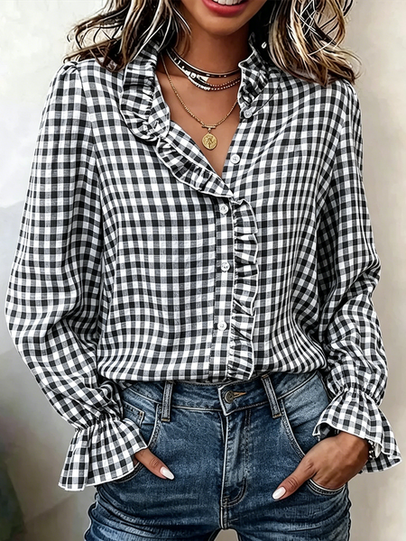 

Long Sleeve Plaid Regular Micro-Elasticity Loose Shirt For Women, Black, Shirts