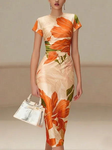 Elegant Floral Printing Crew Neck Midi Dress