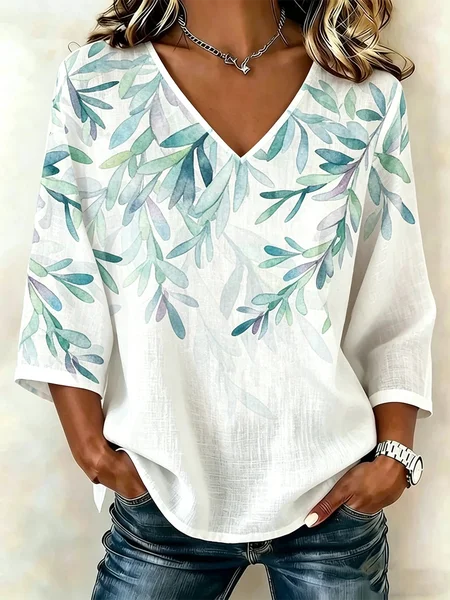 

V Neck Three Quarter Sleeve Leaf Regular Loose Blouse For Women, Blue, Blouses