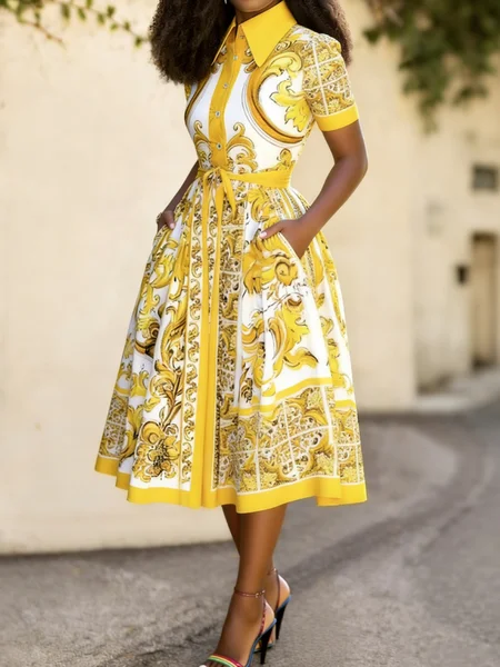 

Plus Size Regular Fit Shirt Collar Urban Dress With Belt, As picture, Plus Dresses