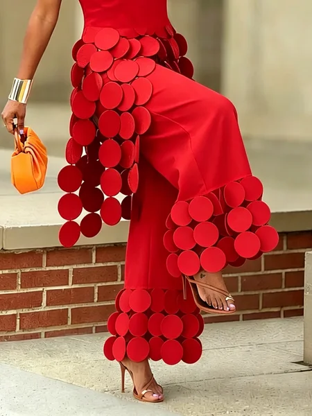 Urban High Waisted Wide Leg Pants Circle Applique Party Trousers