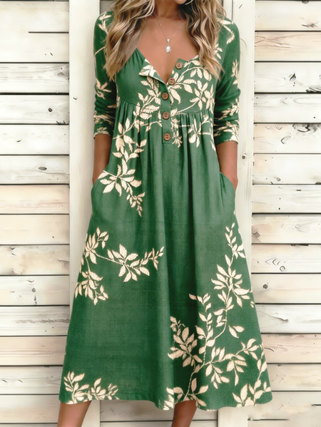 

Women Leaf Summer Dress Half Open Collar Half Sleeve A-Line Dress, Darkgreen, Dresses