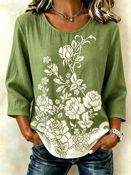 

Crew Neck Half Sleeve Floral Lightweight Loose Blouse For Women, Green, Blouses