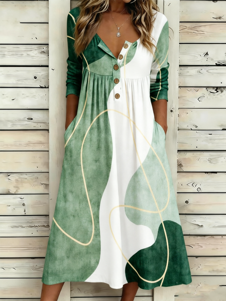 

Women Geometric Summer Dress Half Open Collar Half Sleeve A-Line Dress, Green, Dresses