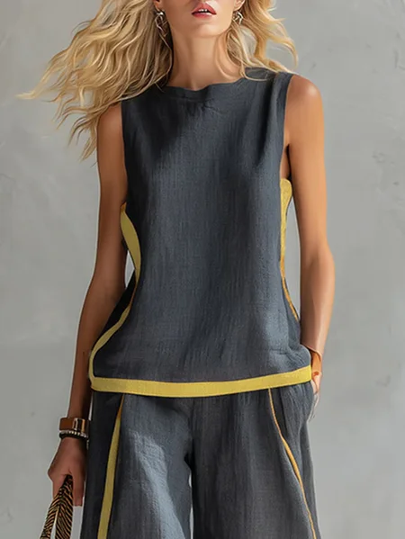 Plus Size Cotton Color Block Crew Neck Tank Top