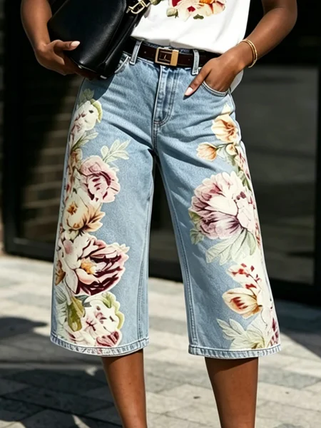 

Floral Casual Denim Shorts, As picture, Jeans