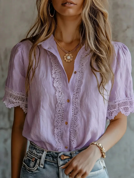 

Shawl Collar Short Sleeve Plain Regular Loose Shirt For Women, Purple, Shirts
