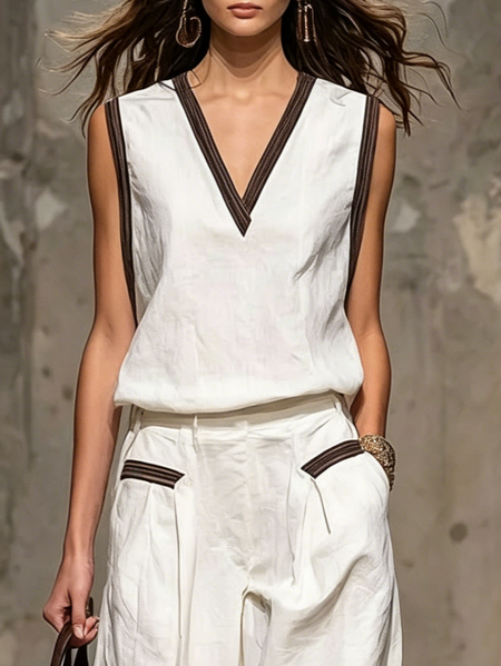 Cotton And Linen Urban Plain V Neck Blouse