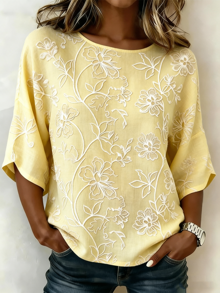 

Crew Neck Half Sleeve Floral Lightweight Loose Shirt For Women, Yellow, Blouses