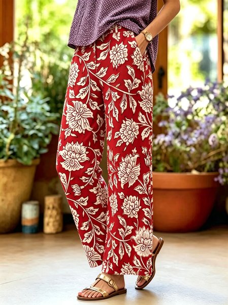 

Women Floral Long Pants Casual Spring/Fall Trousers, Red, Pants