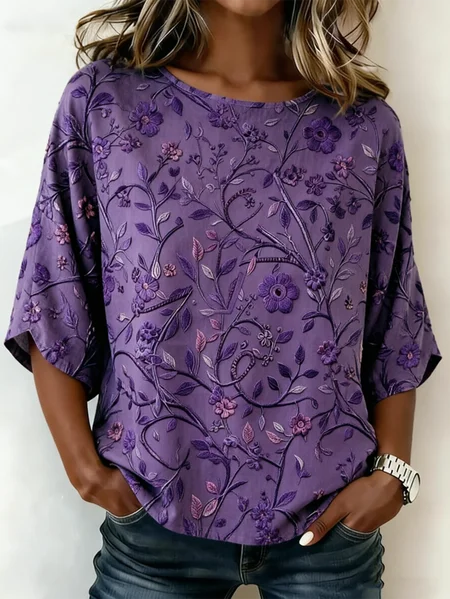 

Crew Neck Half Sleeve Floral Lightweight Loose Shirt For Women, Purple, Blouses