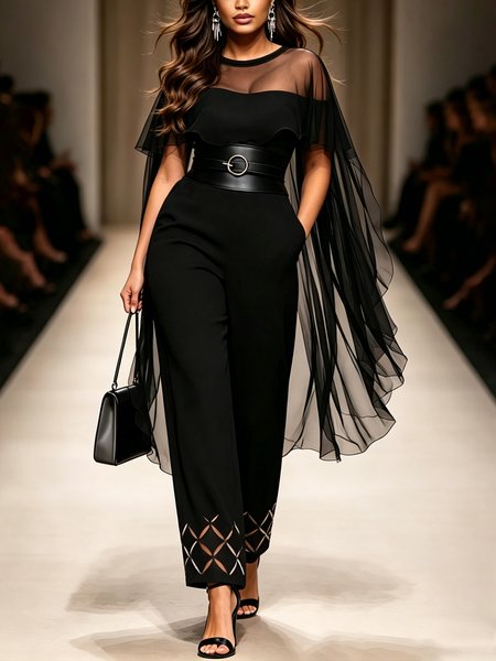 

Elegant Devore Plain Crew Neck Jumpsuit No Belt, Black, Jumpsuits