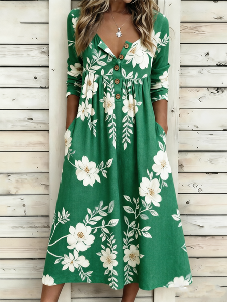 

Women Floral Summer Dress Half Open Collar Half Sleeve A-Line Dress, Green, Dresses