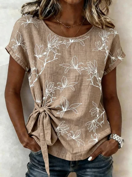 

Crew Neck Short Sleeve Floral Regular Loose Shirt For Women, Light brown, T-shirts