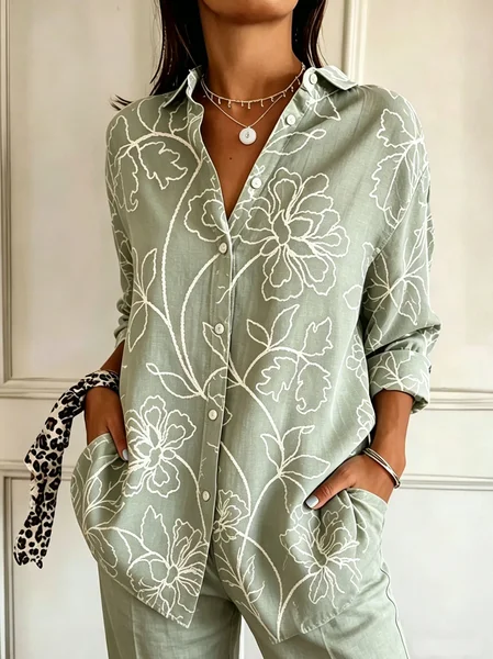 

Shawl Collar Long Sleeve Floral Regular Loose Shirt For Women, Green, Shirts