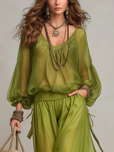 Casual Plain V Neck Balloon Sleeve Blouse