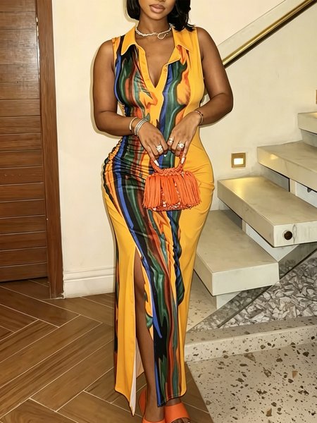 Urban Random Print Printing Shawl Collar Maxi Dress