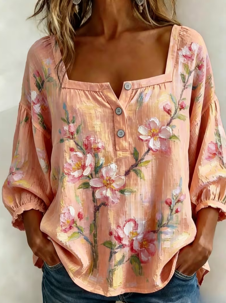 

Women Floral Square Neck Three Quarter Sleeve Blouse Printing Vintage Daily Spring/Fall Top, Orange red, Blouses