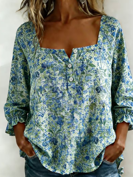 

Women Floral Square Neck Three Quarter Sleeve Blouse Printing Vintage Daily Spring/Fall Top, Blue, Blouses