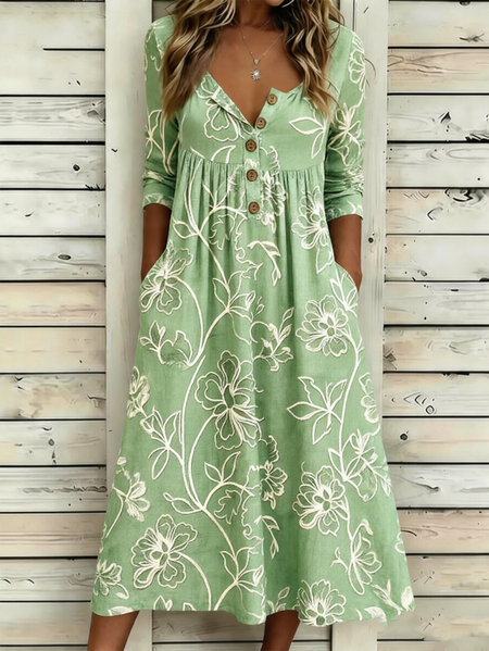 

Women Floral Summer Dress Half Open Collar Half Sleeve A-Line Dress, Green, Dresses