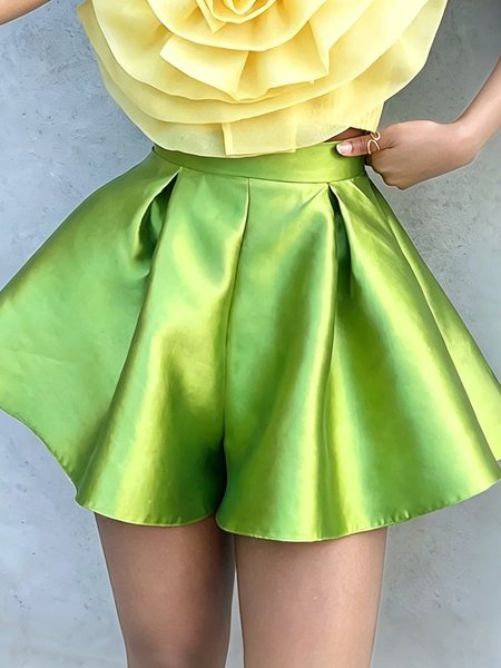 

Satin Elegant Plain Shorts, Green, Shorts