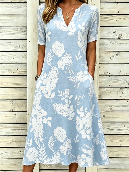 Women Floral Summer Dress V Neck Short Sleeve Fit & Flare Dress A-Line Dress