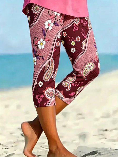 

Women Paisley Elastic Waist Vintage Summer Capris Leggings, Pink, Leggings