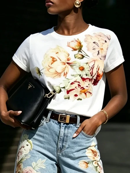 Casual Floral Crew Neck T-shirt