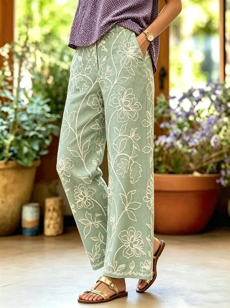 

Women Floral Long Pants Vintage Spring/Fall Trousers, Green, Pants