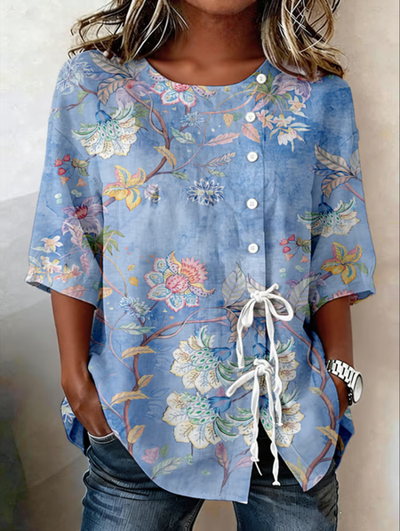 Crew Neck Half Sleeve Floral Regular Loose Blouse For Women