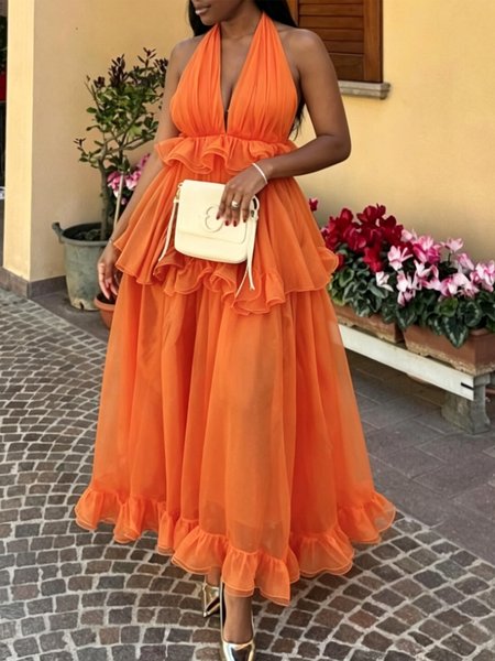 Elegant Plain Peplum V Neck Maxi Dress