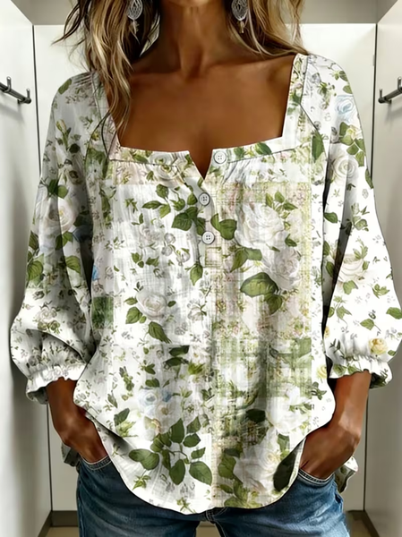 

Square Neck Three Quarter Sleeve Floral Printing Regular Micro-Elasticity Loose Blouse For Women, White, Blouses
