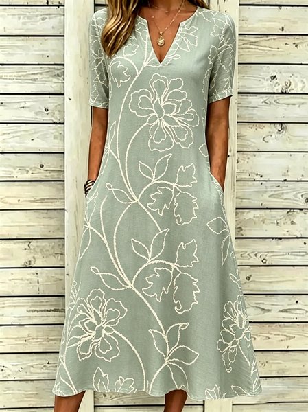 Women Floral Summer Dress V Neck Short Sleeve Fit & Flare Dress A-Line Dress