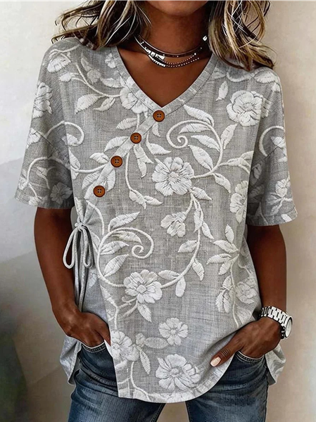 

Crew Neck Half Sleeve Floral Lightweight Loose Shirt For Women, Gray, Shirts