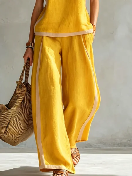 Cotton And Linen Casual Color Block Wide Leg Pants
